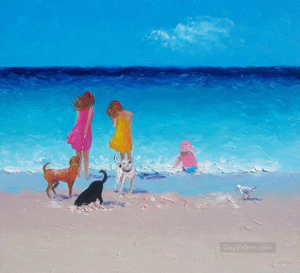 ビーチにいる女の子と犬 子供の印象派油絵